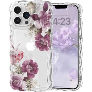 Brs-Coque Pour Iphone 13 Pro Max Clair Transparent Avec Cadre Ondulé Bouclé, Housse Etui Motif De Fleur Florale Mignon Pour Femme Fille,Bumper Case Protection Antichoc En Silicone Souple,Violet - Neuf