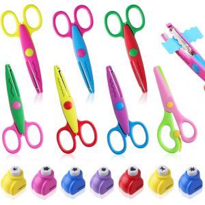 YEMAESRE-LotDe 14 C aux Pour Enfants - 7 Paires De C aux De Bricolage Pour Enfants + 6 Perforatrices À Papier - C aux De Sécurité À Partir De 3 Ans - C aux De Bricolage Pour Gauchers - Coupe Ondulée - Neuf