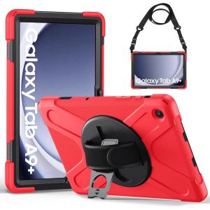 Coque Antichoc Pour Samsung Galaxy Tab A9 Plus 11"" 2023 (Sm-X210/X216/X218), &Eacute;tui Armure Robuste Avec Support Rotatif, Dragonne Et Bandouli&egrave;re R&eacute;glable, Housse Pour Samsung Tab A9+ Plus, Rouge - Neuf