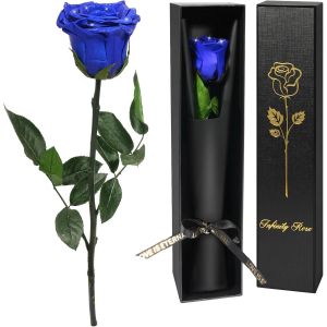 Rose Eternelle Cadeau Femme,Vraie Rose avec Tige Cadeau Maman Fleur Pr&eacute;serv&eacute;e en Coffret Cadeau Fleur Eternelle Cadeau Anniversaire Femme,Cadeau pour Noel Saint-Valentin Femme,Rose Bleue - Neuf