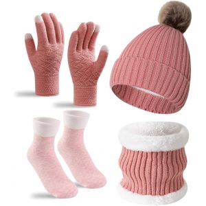 Ensemble Hiver Polaire Bonnet Tricot&eacute; Gants Chaussettes Neige Bonnet Tricot&eacute; Avec Pompon Rose Bordure Fourrure Renard, Cache-Cou Pour Plus Chaleur - Neuf