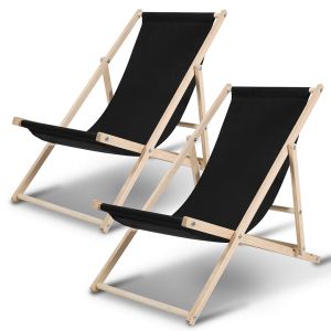 Chiliennes Pliantes R&eacute;glables Chaise Longue Bain De Soleil Avec Accoudoirs Pliante Bois Pliable Noir 2 Pi&egrave;ces - Neuf