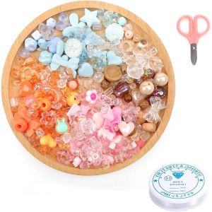 Meimie-200 Pièces Perles Acryliques Colorées,Perles Pour Bijoux,Perle Pour Bracelet En 8 Formes,Kit Bracelet Perle,Avec C Aux Et Fil,Pour Création De Bijoux Diy,Bracelets Et Porte-Clés - Neuf