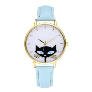 Gaiety Pu Strap Montre Mignon Chat Motif Rond Bo&icirc;tier Analogique Quartz Montre-Bracelet Bleu Ciel - Neuf