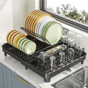 Égouttoir À Vaisselle Extensible Noir Bac De Dégouttage En Acier Inoxydable Pour Évier De Cuisine Avec Porte-Ustensiles Et Plateau Amovible Gain De Place (Style 1) - Neuf