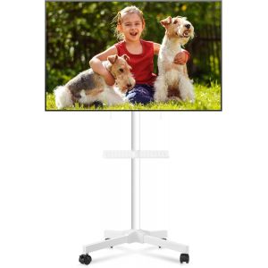 Ml55aw Meuble Tv Mobile À Roulettes Avec Étagère Pour Téléviseurs À Écran Plat Incurvé De 21 À 60"" Jusqu'à 35 Kg, Hauteur Réglable Sur Roulettes, Vesa Max 400 X 400 Mm, Blanc - Neuf