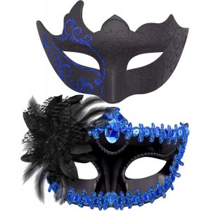 2 Pi&egrave;ces Masque V&eacute;nitien Couple Pour Bal Masqu&eacute;-Femme Homme-Pour Les Yeux-Halloween Mascarade Carnaval,Noir & Bleu - Neuf