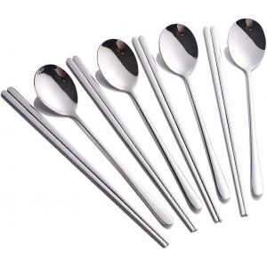 4 Ensemble De Cuillères Et De Baguettes Service De Table En Acier Inoxydable Ensemble De Baguettes Coréennes (8 Pièces En Argent - Neuf