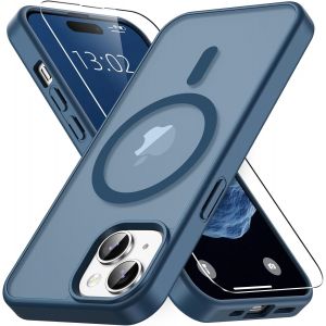 KALANKA-Magn&eacute;tique Coque pour iPhone 15 avec 1 Verre Tremp&eacute;, Compatible avec MagSafe, Protection Contre Les Chutes de qualit&eacute; Militaire, Coque Mat Translucide Fine Antichoc -Bleu Fonc&eacute; - Neuf
