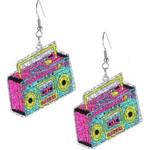 Kalhx-Boucles D'oreilles Rétro Avec Ruban Cassette-Boucles D'oreilles Néon Des Années 80-Pour Femme-En Acrylique-Pour Fête À Thème-Costume Des Années 80-Pour Femme Et Fille,4x3.5cm, - Neuf
