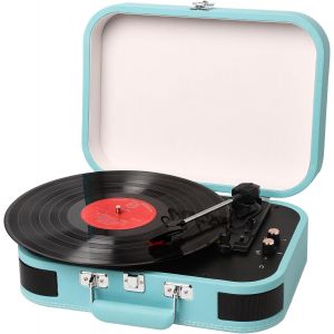 Platine Vinyle,Lecteur Vinyles Avec Bluetooth Usb Aux Haut-Parleur Stéréo Intégré Conception De Valise Rétro Vintage Sans Fil 3 Vitesses 33/45/78,Bleu - Neuf
