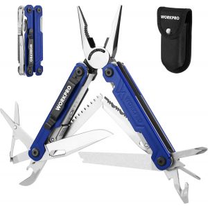 Pince Multifonction en Acier Inoxydable 18 en 1 WORKPRO, Outil Multifonction avec Sac, Multitool Couteau Scie Tournevis Ouvre-Bo&icirc;te pour Ext&eacute;rieur, Camping, Randonn&eacute;e, R&eacute;paration (Bleu) - Neuf