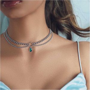 Kal-Collier Boho Avec Pendentif En Émeraude Collier Ras Du Cou Vintage En Cristal Vert Collier Ras Du Cou En Émeraude Pierres Précieuses Collier Ras Du Cou En Chaîne Argentée Bijoux Pour Femmes - Neuf