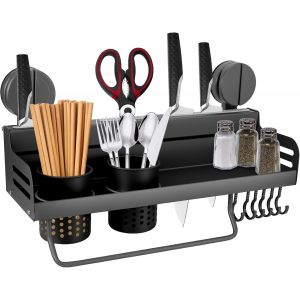 Chenquansarl-Tagère À Épices Murale Sans Perçage Avec Ventouse, Étagère De Cuisine Suspendue Avec 2 Range-Couverts, Fente Pour Couteaux Et 6 Crochets, Étagère À Épices Avec Ventouses, Facile À Instal - Neuf