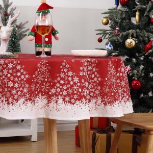 Chenquansarl-Nappe Ronde De Noël Facile À Nettoyer - Décoration De Table De Noël Imperméable Avec Motif D'arbre À Flocons De Neige - Nappe Infroissable Pour Salle À Manger - Rouge - 152,4 Cm - Neuf