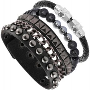 Kal-Bracelet En Cuir Punk Pour Homme - Tête De Mort - Bracelet En Cuir Noir Gothique - Cadeau Pour Homme - Neuf