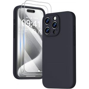 3 En 1 Coque Iphone 15 Pro Silicone Liquide - Avec 2 Verre Trempé - Étui Protection Précise De Caméra [Résistant Aux Rayures] [Antidérapant] Iphone 15 Pro Case 6.1"", Noir - Neuf