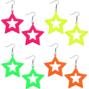Kalhx-Lot De 4 Paires De Boucles D'oreilles En Forme D'étoile Des Années 80 Et 90-Rétro-Acrylique-Néon-5x5 Cm-Accessoire De Fête Vintage-Pour Fête À Thème,Costume,Fête,Mascarade - Neuf