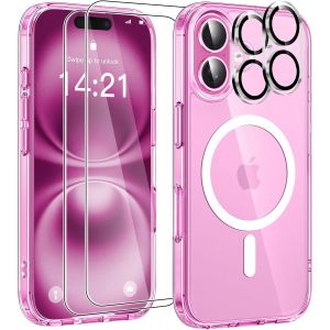 5 In 1 Magnétique Coque Pour Iphone 16 Aimantée Avec 2 Verres Trempés Et 2 Caméra Protecteur,Compatible Magsafe Dos Anti Rayures Coque Antichoc Tpu Bumper Case 6,1pouces-Transparent - Neuf