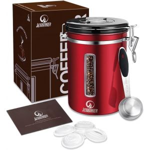 Tianyi-Boîte À Café Hermétique En Acier Avec Fenêtre Transparente - Pour Grains Frais Et Marins - Pour Une Plus Longue Durée - Avec Indicateur De Date, Valve De Libération De Co2 Et Cuillère (Rouge) - Neuf