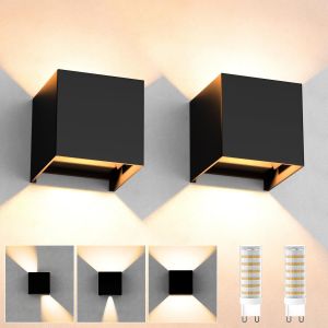 Applique Murale Exterieur/Interieur 2 Pièces, Applique Murale Ampoules G9 Remplaçables Led Murale Lampe Ip65 Étanche 3000k Blanc Chaud Réglable Lampe Up Down Design Moderne Appliques Murales Noir - Neuf