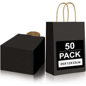 50 Pcs Sac Papier Noir Avec Poign&eacute;e-Pochette Kraft Recyclable Pour Cadeau,Emballage-Grands Sachets Pour No&euml;l,Mariage,Anniversaire,F&ecirc;te (26x12x33cm) - Neuf