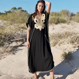 Robe De Plage Brodée En Coton Bleu Marine,Grande Taille,Longue,Cover Up Pour Bikini,Style Européen Et Américain-Black-Tous Les Chantiers - Neuf