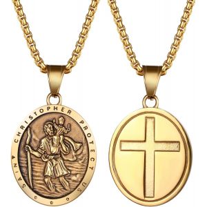 Kal-Collier Pour Homme Avec Saint Christophe : Pendentif Double En Acier Inoxydable Avec Amulette Religieuse Protectrice - Neuf
