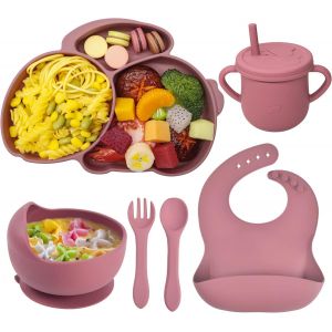 Kal-Assiette B&eacute;b&eacute; Set Repas Silicone Rose, Lot De 6 Antiderapante Bol &Agrave; Ventouse Tasses Fourche Cuill&egrave;re Bavoir Sans Bpa Enfant Set Couverts Vaisselle Pour Fille Sevrage Manger Apprentissage - Neuf