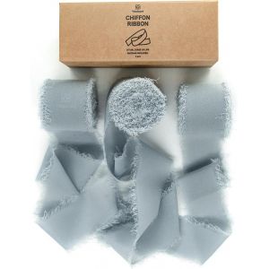 Ruban En Mousseline De Soie Bleu Gris&acirc;tre, Fait Main Avec Franges, Total 3,8 Cm X 19,2 M, Ruban Effiloch&eacute; Pour Invitations De Mariage, Bouquets De Mari&eacute;e, Cadeaux Emballages, Bricolage - Neuf