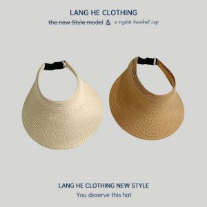 (Kaki Et Beige) 2 Pièces Chapeau De Soleil En Paille Pour Femme Large Bord Été Protection Uv Queue De Cheval Chapeau De Soleil Chapeau De Plage Pliable Et Pliable Upf 50+ - Neuf