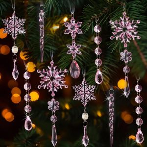 18 Pi&egrave;ces D'Accrochage Acrylique Cristal Flocon De Neige Gla&ccedil;on Ornements, Des Merveilles D'Hiver De Cristal D&eacute;corations, D&eacute;corations D'Arbre De No&euml;l, Rose - Neuf