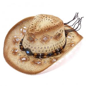 2024chapeau De Cow-Boy En Paille Pour Hommes Femmes Chapeau De Soleil Respirant Creux À Large Bord Avec Bande De Garniture Perlée De Style Western Pour Les Voyages À La Plage En Plein Air - Neuf