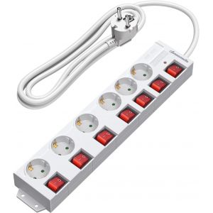 Multiprise 6 Prises avec 7 Interrupteurs Individuel, 3680W Max, Montage Mural, S&eacute;curit&eacute; Enfants, Rallonge Multiprise Parafoudre et Surtension avec C&acirc;ble 2M & Prises 90&deg;, Blanc - Neuf