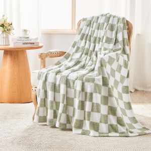Ulteronixshop-Couverture polaire sherpa en flanelle moelleuse &agrave; carreaux - Douce et chaude - Lit, canap&eacute;, fauteuil, pique-nique - 150 x 200 cm - Vert sauge - Neuf