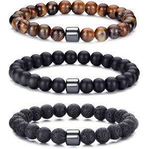 Bracelets En Perles D'?il De Tigre Pour Hommes - Ensemble De Bracelets &Eacute;lastiques En Pierre Naturelle De 8 Mm, Bracelets En Pierre De Lave, Cadeaux Pour Fils, Petit-Fils, Fils, Petit Ami, Fr&egrave;re - Neuf