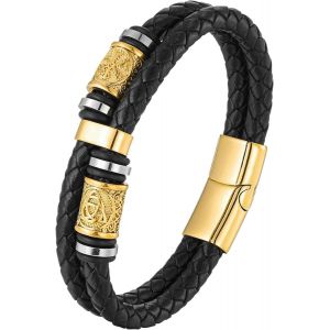 Bracelet Homme Cuir, Bracelet Vikings Homme, Croix Chretienne Hommes Bracelets Acier Argent Noir, Bijoux Cadeau Hommes - Neuf