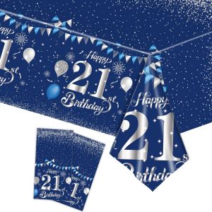 Tianyi-2 Pi&egrave;ces Nappe Bleu Marine Decor F&ecirc;te D'anniversaire Pour 21 Ans, 137x274cm Nappe Plastique Et Rectangulaire D&eacute;coration De Table Joyeux Anniversaire Pour Homme Femme D&eacute;coration Anniversaire - Neuf