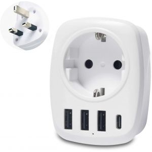 KALANKA-Adaptateur prise France vers Anglaise, Adaptateur de Voyage UK avec 3 USB et 1 Type-C, Uk Prise Adapteur, Europe Francaise 2 Broches vers GB 3 pour Royaume-Uni, Dubai, Irlande, Bretagne Type - Neuf