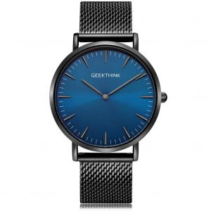 Montre A Quartz Analogique Pour Homme, Bracelet En Maille D'acier Inoxydable, Cadran Rond (Bracelet Noir, Cadran Bleu) - Neuf