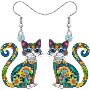 Kal-Boucles D'oreilles En Acrylique Avec Pendentif Chat Floral Folk Art Design Bijoux Pour Femmes Filles Chaton Amoureux Cadeaux Nouveaut&eacute; Amusant Hypoallerg&eacute;nique Charms - Neuf