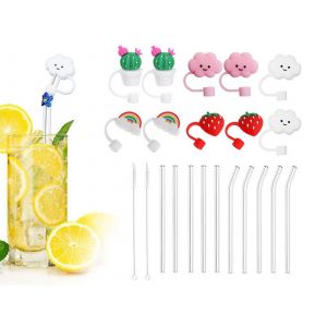 Ensemble De Couvre-Pailles En Silicone Et De Pailles En Verre Avec Goupillons De Nettoyage - Neuf