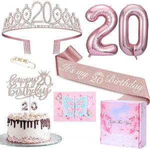 Décoration 20e Anniversaire Femme,Couronne Et Écharpe D'anniversaire 20,Décoration De Gâteau Et Bougies,Ballon En Aluminium Rose 20,20e Cadeau Pour Fille - Neuf