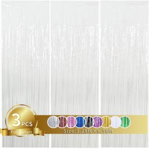 3 rideaux à franges métalliques blancs 1 x 2 m Toile de fond blanche pour photomaton-Accessoires pour fête d'enterrement de vie de jeune fille,anniversaire,remise de diplôme,Noël,Nouvel An - Neuf