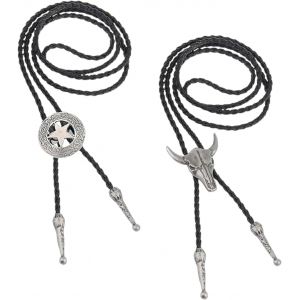 Kal-2 Pcs Cravate Homme Collier &iquest; Cuir Avec Pendentif Cr&acirc;ne De Vache & &Eacute;toile Texas Ranger &iquest; Style Western Cowboy, Cha&icirc;ne M&eacute;tallique Ajustable &iquest; Id&eacute;al Rodeo, Costume, Halloween & Cadeau - Neuf