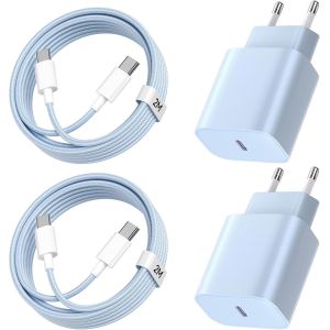 LORANKA-Chargeur pour iPhone 15/16, Lot de 2 20W Chargeur Rapide pour iPhone avec 2m C&acirc;ble USB C pour Phone 16/16 Plus/16 Pro Max/15/15 Plus, PD3.0 USB C Prise Adaptateur Secteur Embout - Bleu+Bleu - Neuf
