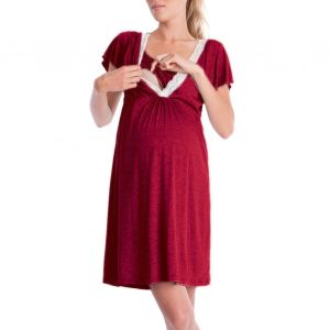 Robe De Maternite Et D'allaitement Pour Femme, Tenue D'ete Tendance En Dentelle, Patchwork, Manches Courtes, Rouge, Taille L - Neuf