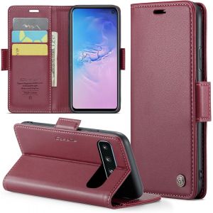 Kal-Coque Pour Samsung Galaxy S10 Plus+ 2 Pi&egrave;ces Verre Tremp&eacute;,Antivol,Prend En Charge Le Chargement Sans Fil, Pochette Fermeture Magn&eacute;tique Flip Case-Bourgogne - Neuf