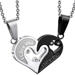 2 Pi&egrave;ces Collier Couple Amoureux En Acier Inoxydable, Pendentif Coeur S&eacute;parable Puzzle, Cha&icirc;ne Argent Et Noir Pour Femme Et Homme, 50cm & 55cm - Neuf