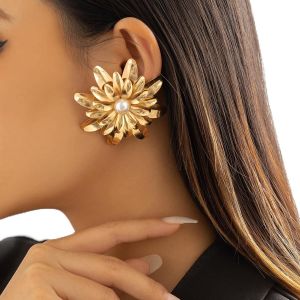 Kal-Boucles Oreilles Punk Fleur Marguerite Boucles Oreilles Fleur M&eacute;tal Dor&eacute; Boucles Oreilles Fleur Perles Vintage Boucles Oreilles Florales Clous Oreilles Grande Fleur Femmes Et Filles Cadeaux - Neuf